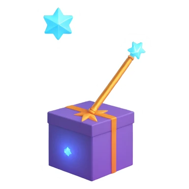 a 3D emoji style icon of a box with a glowing magic wand sticker