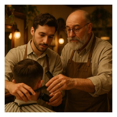 Inside a cozy barbershop with soft lighting, an experienced barber gently teaches his apprentice, guiding his hands as they cut hair together. The room is filled with warmth, plants hanging from the ceiling, and the hum of clippers sticker