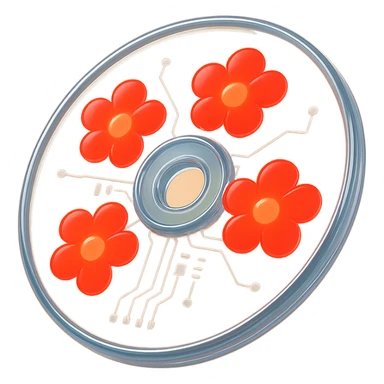 A minimalist CD disc with glowing floral pattern, red flowers sticker