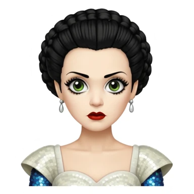 Bride of Frankenstein with black hair, ivory sequin outfit sticker