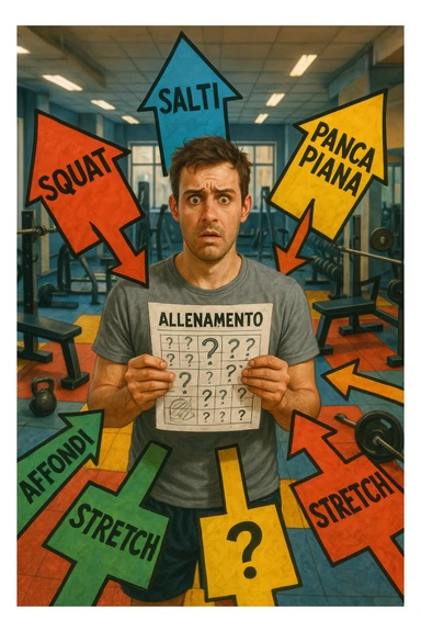 a person stands in the center of a gym, surrounded by arrows pointing in all directions, each labeled with a different exercise (e.g., “squat,” “Salti,” “stretch,” “Panca Piana”). The person looks bewildered, holding a workout plan with scribbles and question marks. The scene is colorful but visually messy, symbolizing confusion. in italiano immagine iperrealistica sticker