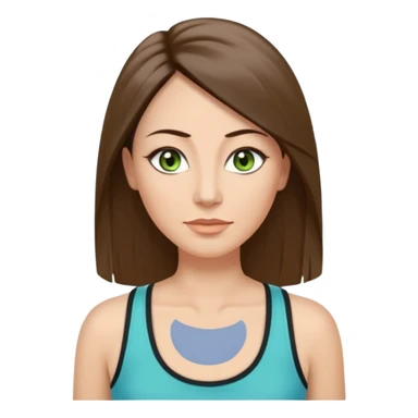 43 year old Adult woman avatar, light skin tone, long, oval face, long straight ashy brown hair, green almond-shaped eyes with dramatic eyelashes and minimal eyeliner, neutral mouth, medium straight eyebrows, small nose, smooth skin, sky blue tank top sticker