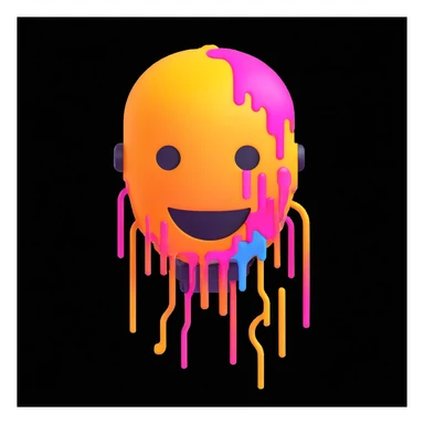 melting emoji face and a futuristic robot, emoji face dissolving into neon digital bits, flat 3D icon, bright neon colors, white background sticker