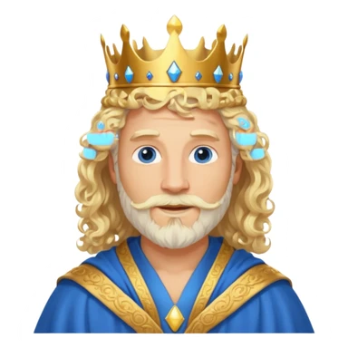 1 Middle-aged white king, 40 years old, blond hair, blond beard, long curly hair, blue eyes, kind and benevolent vibe, gentle smile, wearing a crown and blue robe emoj sticker