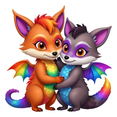 black female raccoon dragon hybrid with rainbow colored wings and purple eyes giving a big hug to a red female fox dragon hybrid with rainbow colored wings and orange eyes sticker