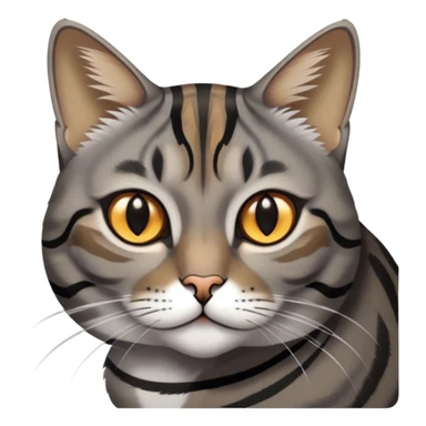 Cinematic Noble Grey and Black Brown Tabby Cat Portrait Emoji, Poised and regal, with sleek grey-brown fur featuring bold black tabby stripes and a distinct M-shaped marking on the forehead, bright amber eyes, Simplified yet sharp and sophisticated features, highly detailed, glowing with a soft, dignified glow, high shine, intelligent and graceful, stylized with an air of elegance, focused and attentive, soft glowing outline, capturing the essence of a watchful and refined feline, so majestic it feels as though it could glide across the screen with effortless confidence! sticker