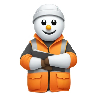 snowman holding construction documents with red shirt and orange vest sticker