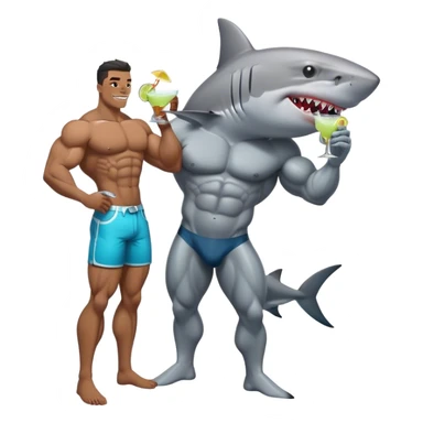 a shark that drinks a marghareta standing on a body builder sticker