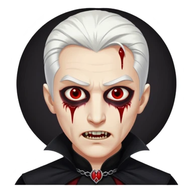 Creat a young man Vampire with white skin and white hair "make him have slide back hair" and full black vampire clothes and bloody eyes and long fangs and scary dead eyes sticker