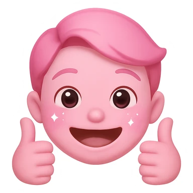 Make the smiling pink face with sparkles and both thumbs up look less creepy, give it a cute, happy expression with soft features. Keep the sparkles and pink color. No background. The style is a pink sparkly emoji with sparkles and thumbs up. sticker
