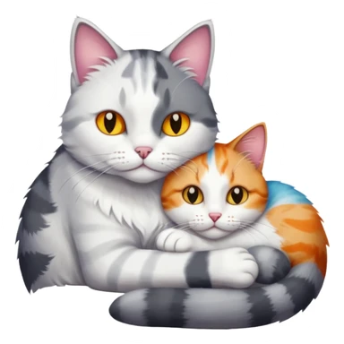 big grey and white cat cuddling a colourful light patched calico + white tabby cat sticker
