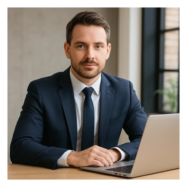 A 35-year-old male business coach sitting at a table with a laptop, professional and confident sticker