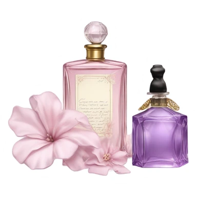 Aesthetic showcase of light pink stock flowers, a vintage-inspired violet perfume bottle, an emotional love note, and a purple silk bookmark. sticker