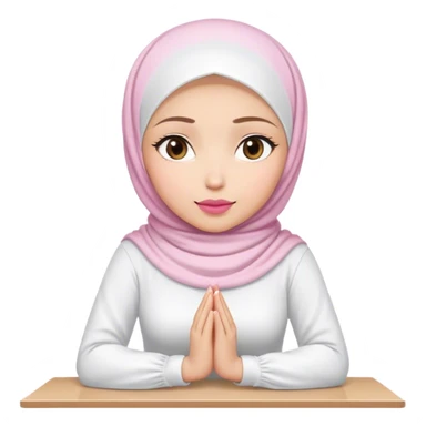 white hijab women are listening with her hands folded on the table. Her outfit is white. Her lips color is pink. sticker