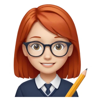 red hair girl kid with glasses → holding a pencil with school uniform sticker