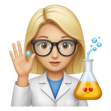 Eine hellblonde Chemikerin mit Kittel, großer Labor-Sicherheitsbrille und typischem Erlmeyerkolben in der Hand sticker