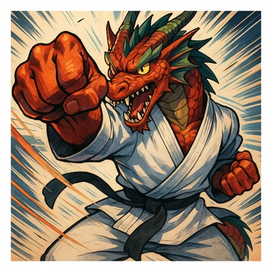a fierce dragon in a karate gi, mid-punch, energetic, anime-inspired style sticker