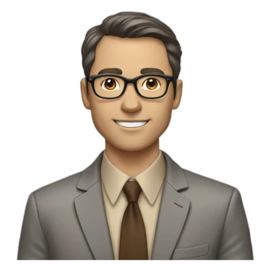 in front of a marker board Pale skinned fit man with dark brown hair in gray jacket, beige office shirt, brown tie, brown pants and vintage glasses. sticker