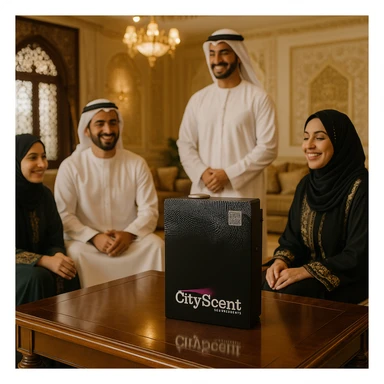Place this exact CityScent air freshener machine on a table inside a very luxurious house. Show a family wearing traditional Arabic clothing sitting or standing around the table, looking happy and relaxed, enjoying the scent. The style should be realistic and elegant, with a focus on the luxury of the home and the comfort of the family. sticker