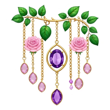 Hanging suncatcher, gold chains with shiny sparkly amethyst and rose-quartz gemstones, roses, beautiful leaves, gorgeous aesthetics sticker