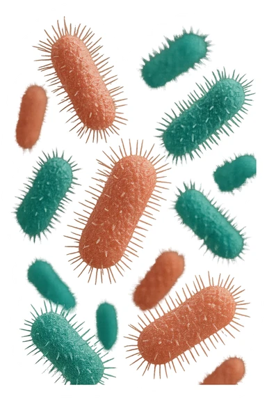 batteri intestinali rosa salmone e turchesi fluttuano in aria, iperrealistici 4k sticker