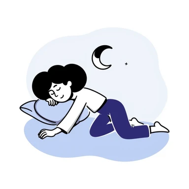 A person with closed eyes sleeping peacefully with a small crescent moon nearby. Warm, calming colors with blues and purples. Simple hand-drawn doodle style. sticker