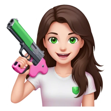 maniacally laughing long haired brunette girl with green eyes in a white tshirt holding pink gun sticker