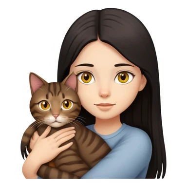 Girl with black long straight hair brown eyes hugging a brown tabby cat yellow eyes sticker