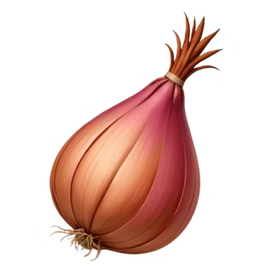 whole shallot, unpeeled, teardrop shape, bulbous base, tapered top, smooth papery skin, rosy copper or reddish-brown, natural striations, glossy, dried stem, dry root strands, 3D clean style, no faces, transparent background sticker