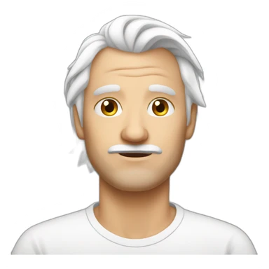 Insecure european shaved guy in his fifties with mid long white hair wearing a shirt sticker