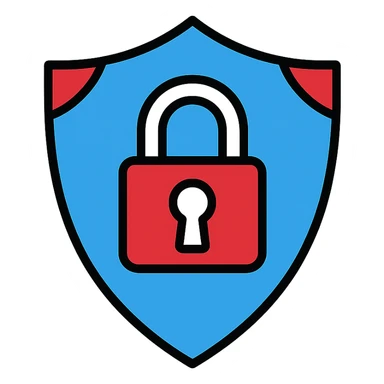 IT security emblem icon featuring a shield with a suspended padlock, vibrant energetic blue #02aff4 as the primary color, deep bold red #ee1b24 accents for alertness and robustness, clean white background, highly legible, detailed, icon style sticker