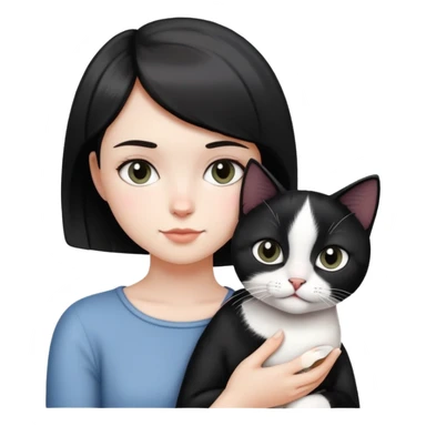 A short-haired girl holding a black and white cat sticker