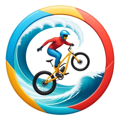 A bold, dynamic emblem combining elements of extreme sports like a mountain, a bike, surfing, ocean and a parachute, all within a circular or shield-like shape. The design conveys speed, adventure, with sharp lines and vibrant colors representing the thrill and intensity of extreme sports. sticker