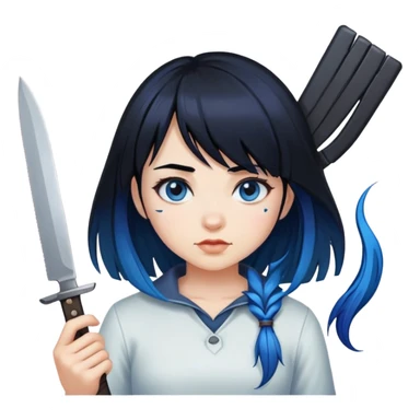 A girl with black hair and blue roots, a bang, holding a knife  sticker