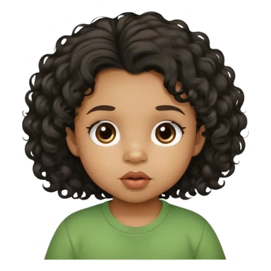 light brown skin tone, very adorable toddler, with big plump lips, long long lashes, black curly hair, middle hair parting, brown eyes, green shirt sticker