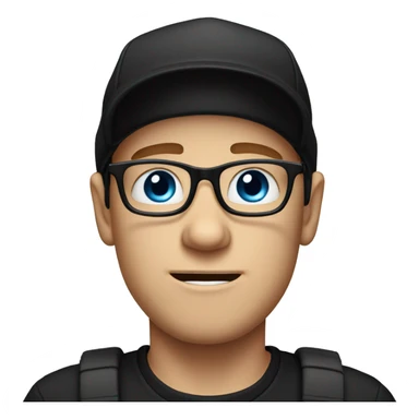 White male wearing glasses and black cap in a black t-shirt and blue eyes crying sticker