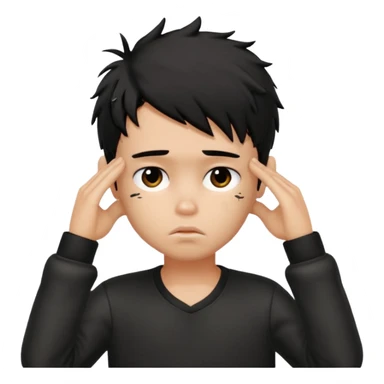 a PRETTY BRATZ boy with black messy hair, one hand on head. looking sad sticker