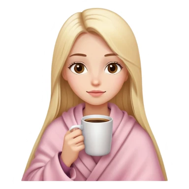 Long blonde straight hair girl drinking coffee, almond dark brown eyes, soft pink blanket sticker
