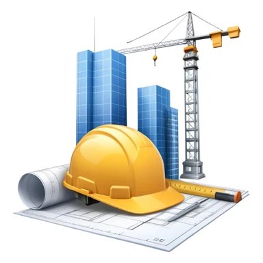An icon featuring a blueprint, a hard hat, and construction tools, symbolizing architecture and construction. The design includes a ruler, building materials, and a skyscraper, representing the design and building process. Transparent background highlights the art and science of creating structures. sticker