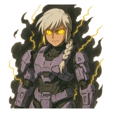 female, wearing reach spartan armor shoulder-unequip, long white braid hair with massive messy front side single bangs, gold yellow eyes, attention pose, D-cup size, HALO:series, no helmet, the armor is lavender color scheme, eyes glowing, demon eye, gleam, rage aura, body steaming dark gray, gold electricity, mouth clowed scowling sticker