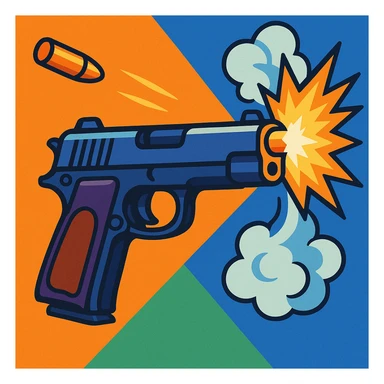 a realistic handgun firing a bullet, with muzzle flash and smoke coming out of the barrel, vibrant toon style sticker
