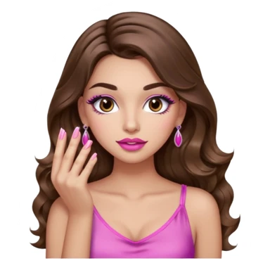 girl with long wavy brown hair, brown eyes, light to medium complexion, in a pink sexy top, pink lips, long lashes, puckered lips, showing my manicure sticker