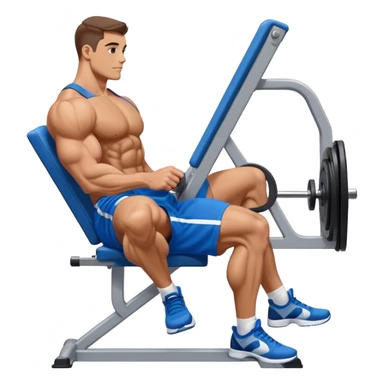 side-view bodybuilder in blue shorts seated weighted calf-raise machine on his tip toes sticker