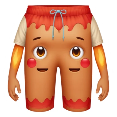 Emoji-style person in beach shorts, skin visibly sunburned and red on arms, legs, and face Expression shows mild pain or discomfort, cute rounded emoji desig sticker