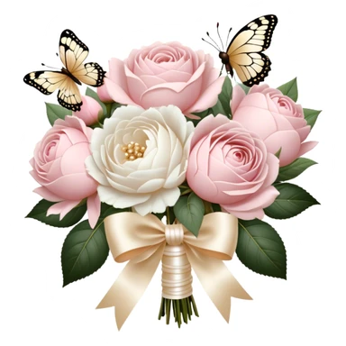 A vintage-inspired wedding bouquet of blush pink roses and fluffy white peonies, tied with an intricate ivory satin ribbon, surrounded by golden filigree accents and soft-focus pearl butterflies fluttering around. sticker
