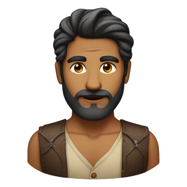 indian man with middle parted wavy hair swept to the sides, he has thick eyebrows, high cheekbones, hollow cheeks, handsome, faint mustache and some chin beard, balbo beard. sticker