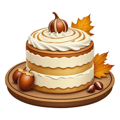 Chestnut mont blanc cake with smooth cream, golden chestnut on top, placed on a wooden tray with autumn leaf beside. sticker