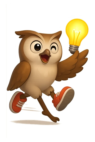 Радостная сова в стиле эмоджи держит в крыле горящую лампочку-идею и очень быстро бежит в кроссовках, композиция символизирует "решения будут быстрыми", прозрачный фон sticker