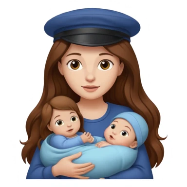 "Woman with long brown hair and fair skin holding a baby with a cap and fair skin." sticker