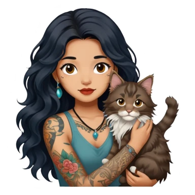 a Chinese girl with long black  Big waves and long hair and tattoos and brown Maine coon sticker
